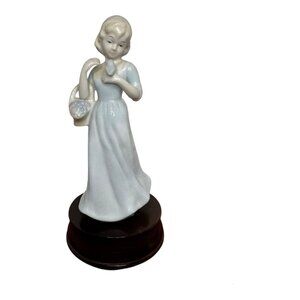 Vintage MECO Ceramic Girl Figurine Dove & Basket Musical Wood Base 8.5" Music